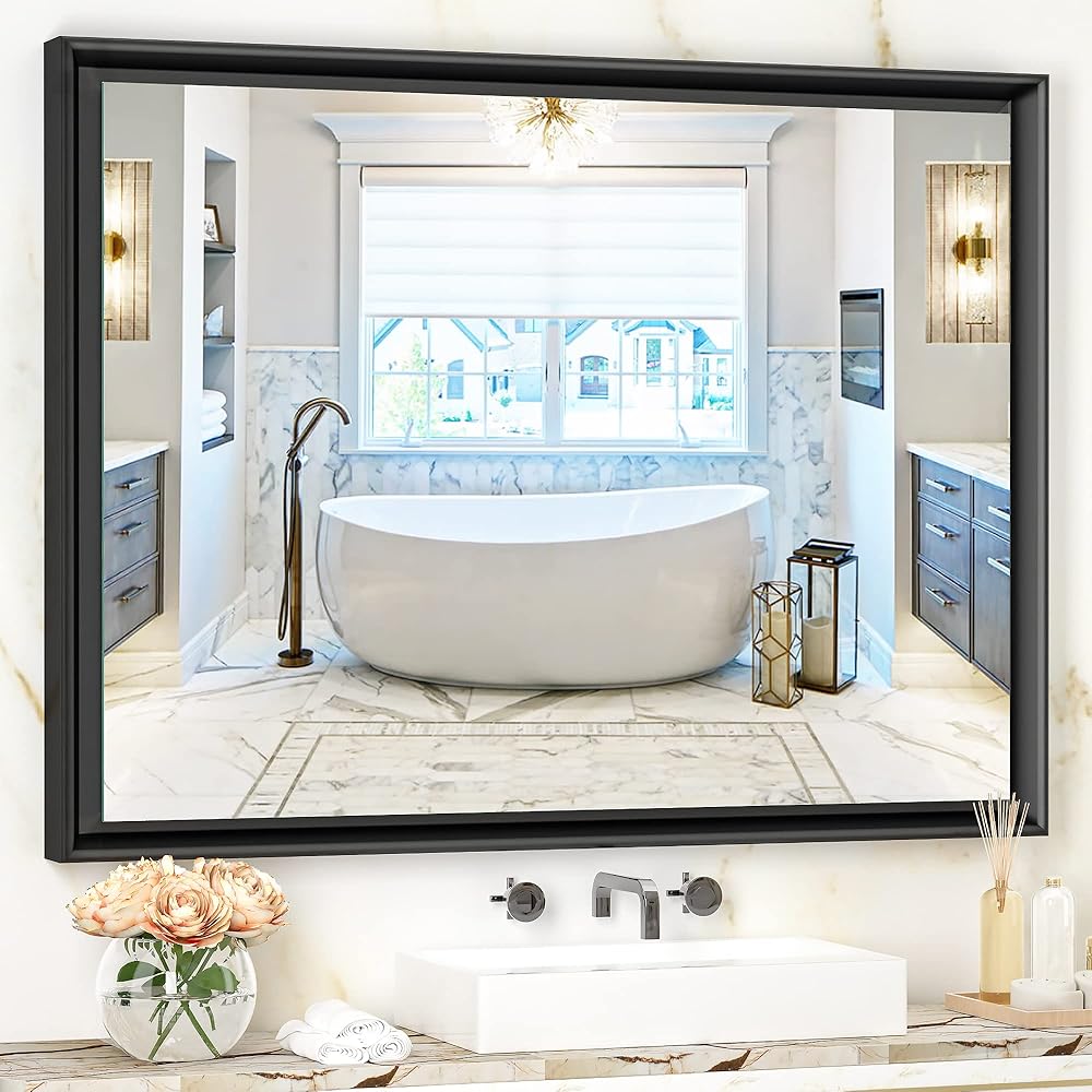 40 x 30 Inch Bathroom Mirrors for Wall, Black Bathroom Mirror, Wall Mirror for Bathroom in Aluminum Alloy Metal Frame (Horizontal/Vertical)