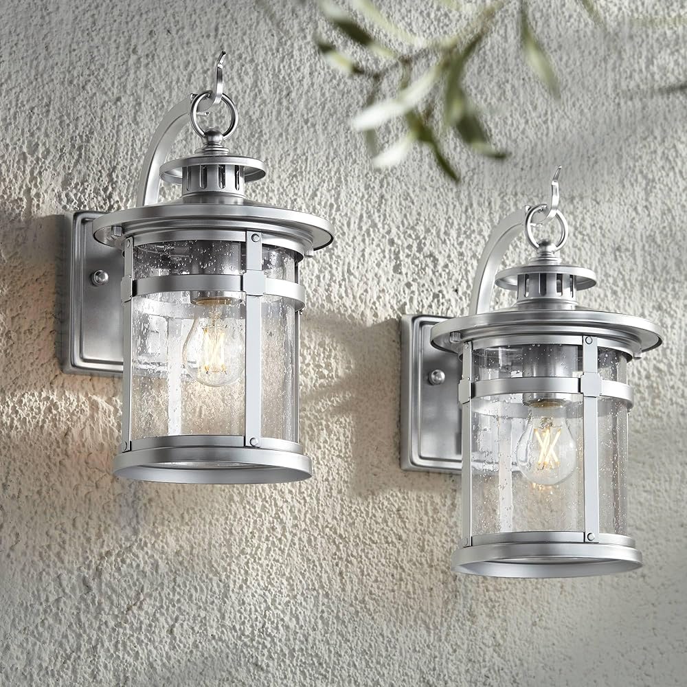 Callaway Modern Industrial Outdoor Wall Light Fixtures Set of 2 Chrome Metal Lantern Frame 11 3/4