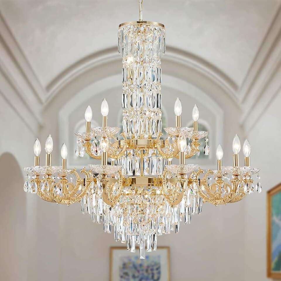 Gold Crystal Contemporary Chandelier Foyer Entryway Lighting, 2-Tier Large Foyer Entrance Chandeliers for High Ceiling Big Crystal Chandelier(Dia 40.2 inch 22 Lights)
