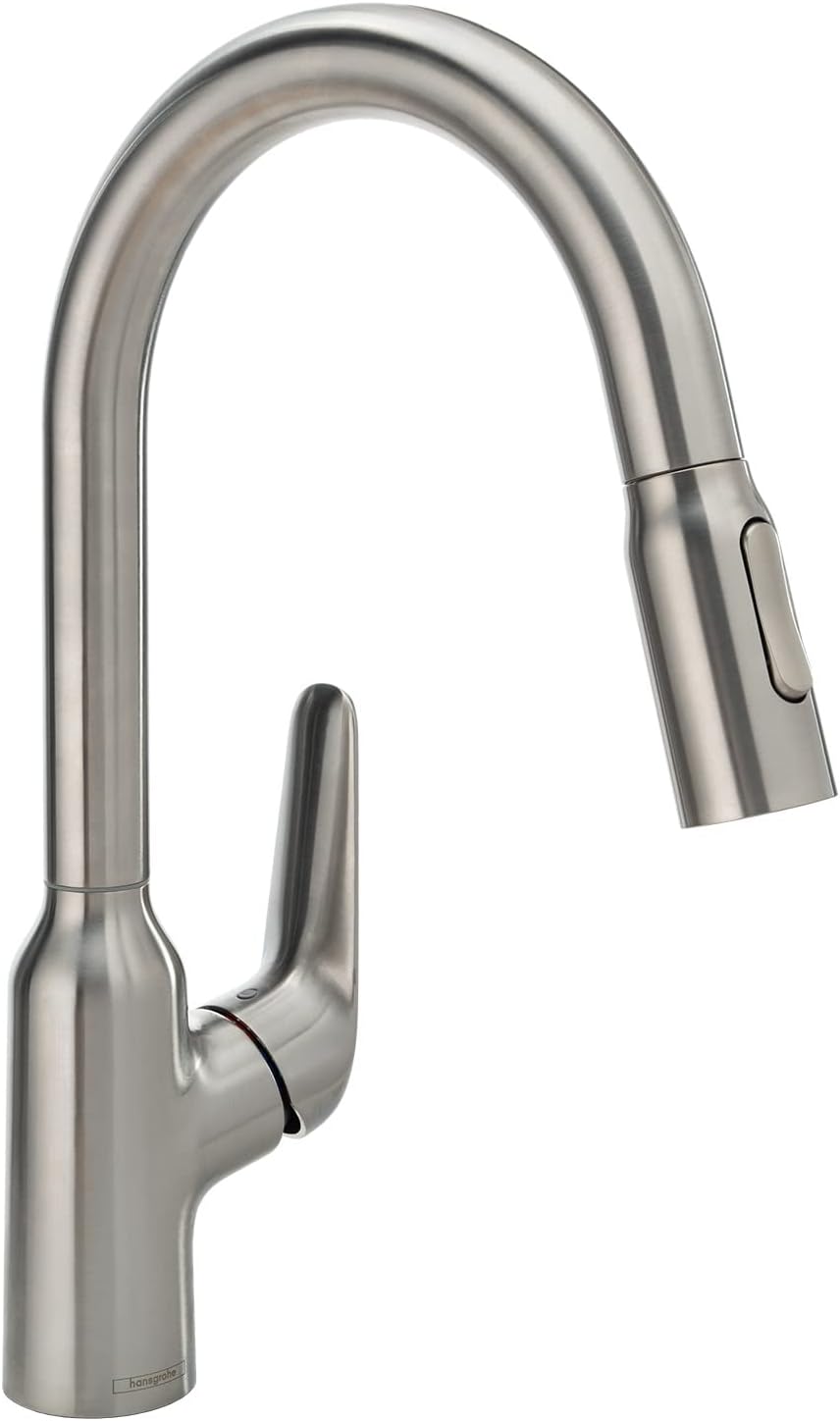 hansgrohe Focus N Stainless Steel Bar Kitchen Faucet, Kitchen Faucets with Pull Down Sprayer, Faucet for Kitchen Sink, Stainless Steel Optic 71801801