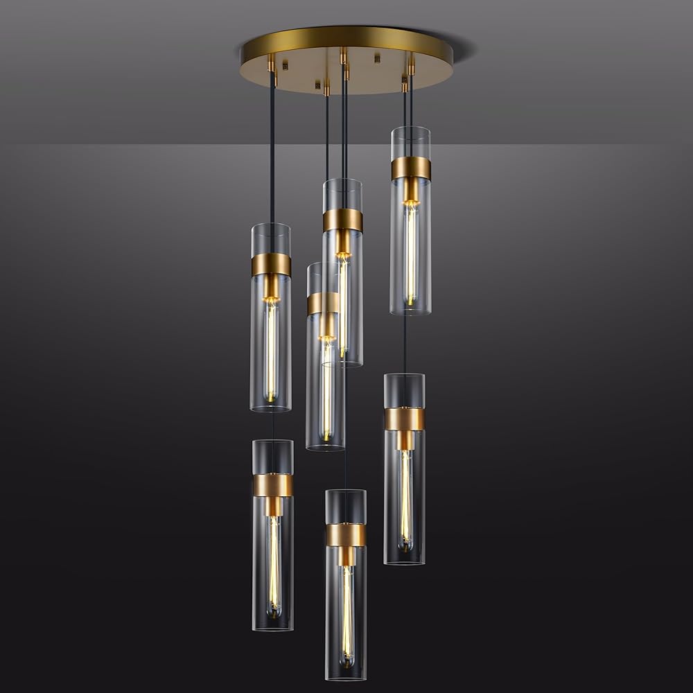 Modern Farmhouses 7-Light Glass Pendant Light, Brass Chandelier for Dining Room, Includes Bulbs, ETL Listed