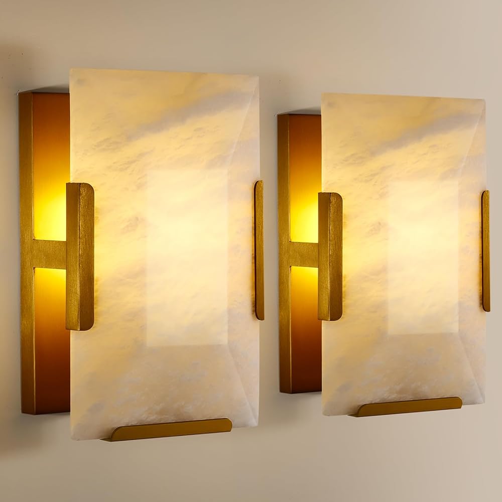 Alabaster Wall Sconces Set of Two, Brass Indoor Marble Wall Sconces, Sconces Wall Lighting for Bedroom Living Room Hallway Bathroom Bedside Stairs Including Bulb