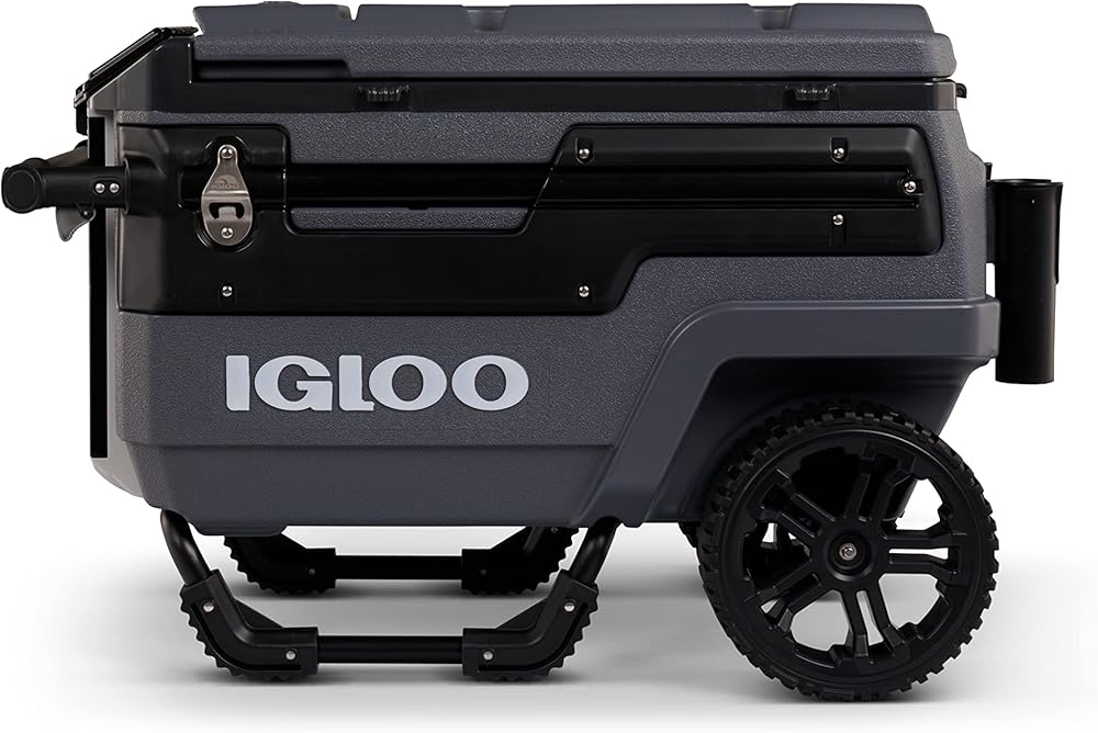 Igloo 70-Quart Carbon Ice Chest with Glide Handle, Thermecool Foam Insulation, 10-Inch Wheels, Tie-Down Hooks