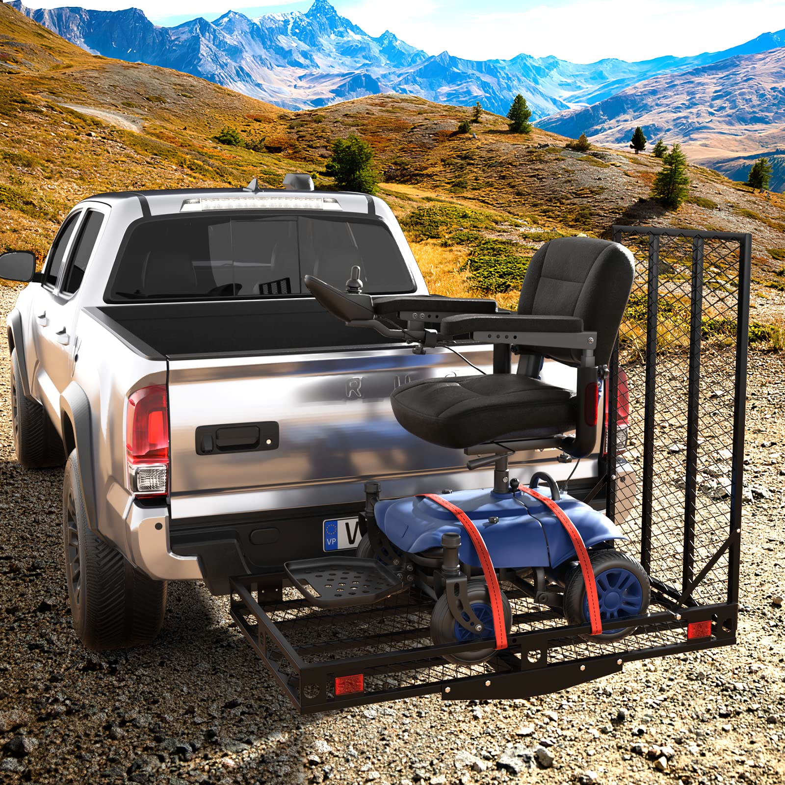 Goplus Hitch Mount Wheelchair Carrier, Mobility Scooter Loading Ramp with 2 Tie Down Straps