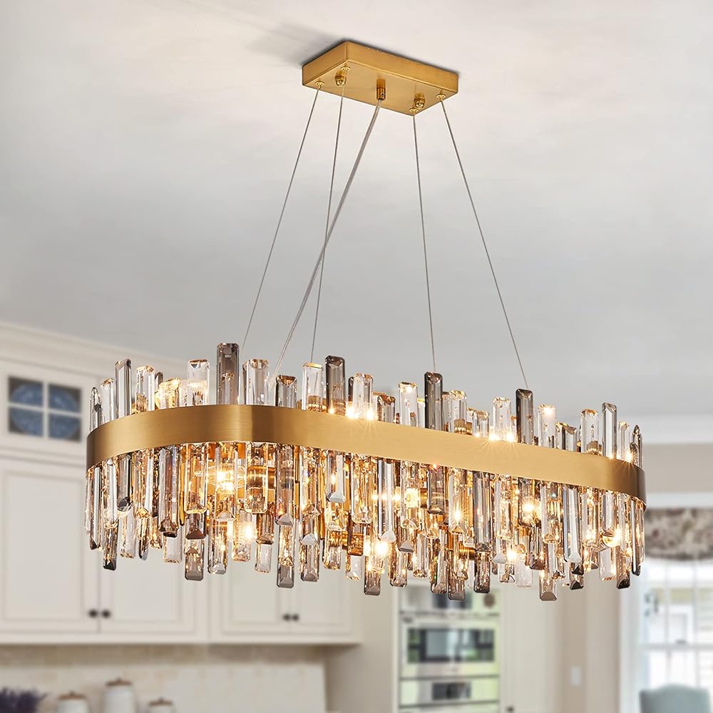 Siljoy 35.4'' Gold Oval Crystal Chandelier for Dining Room, 16-Light Modern Rectangular K9 Crystal Raindrop Chandelier, Luxury Brass Ceiling Pendant Lighting for Living Room Kitchen Island