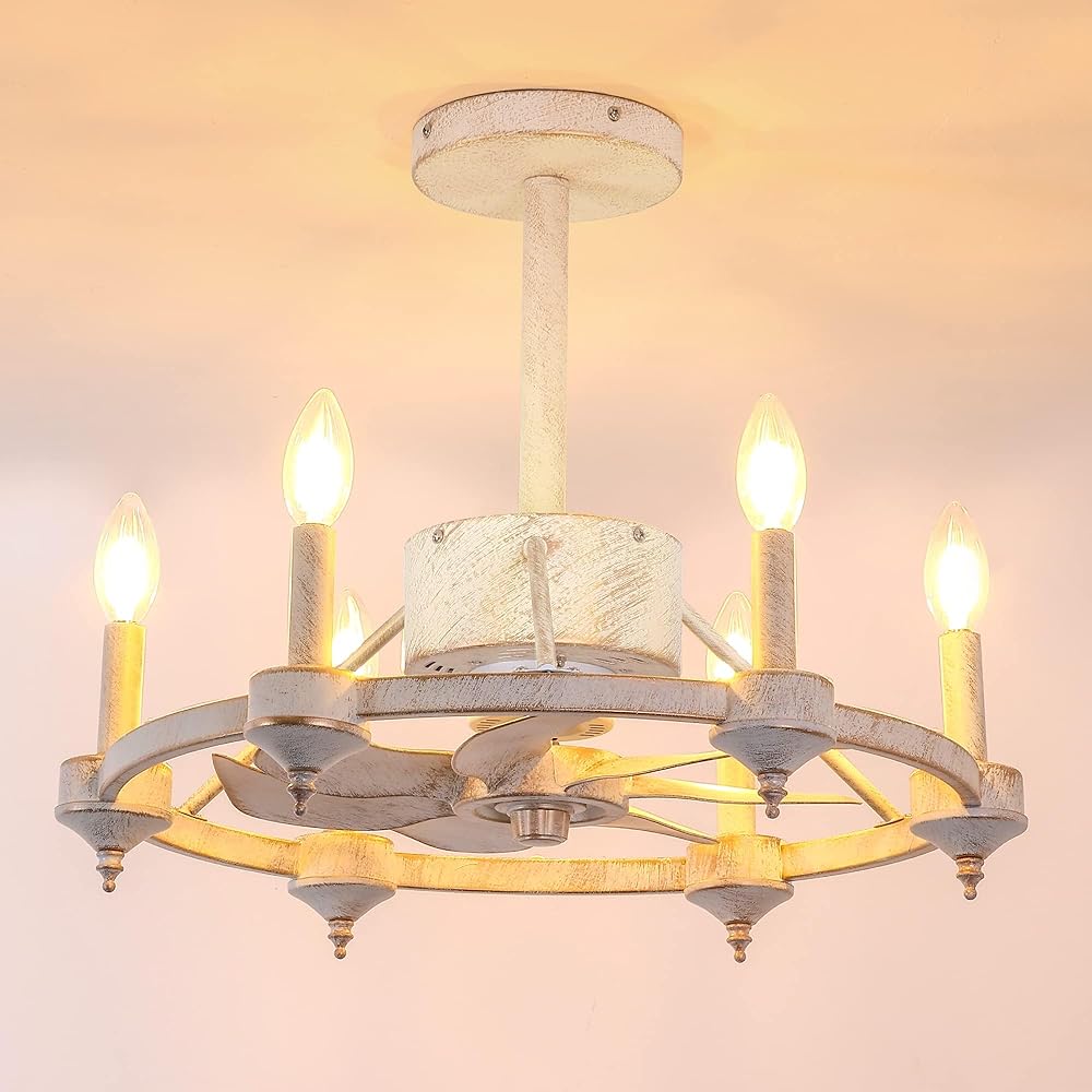 Chandelier with Fan White, Chandelier Ceiling Fans with Lights and Remote,Reversible 3-Speed Farmhouse Industrial Wagon Wheel Chandelier for Bedroom Dining Room Kitchen Living Room-20