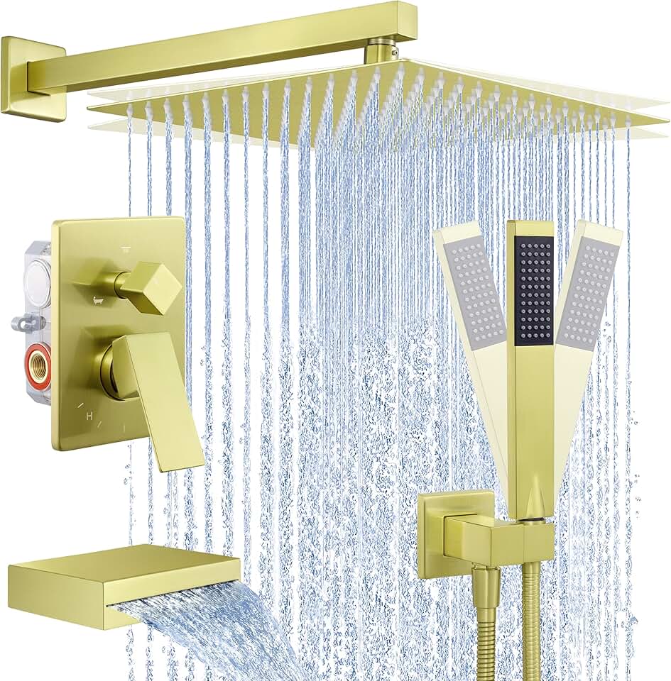 KES Gold Shower Faucet Set, Shower and Tub Faucets Sets Complete, Shower System with Waterfall Tub Spout, 12 Inch Rain Shower Head with Handheld, XB6305F18S12-BZ