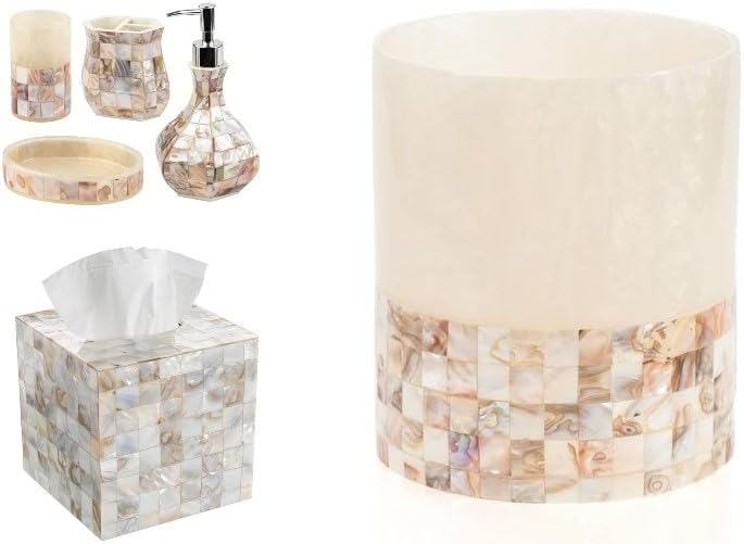 6 Piece Bathroom Accessory Set with Natural Mother of Pearl Shells - Includes: Bathroom Trash Can, Tissue Cover, Soap Dispenser, Toothbrush Holder, Tumbler and Soap Dish