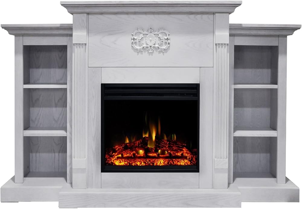 Cambridge Sanoma 72 Inch Freestanding Electric Fireplace Heater with Traditional Mantel, Built-in Bookshelves, Colorful Flames, Timer, Remote Control, Deep Log Display, White