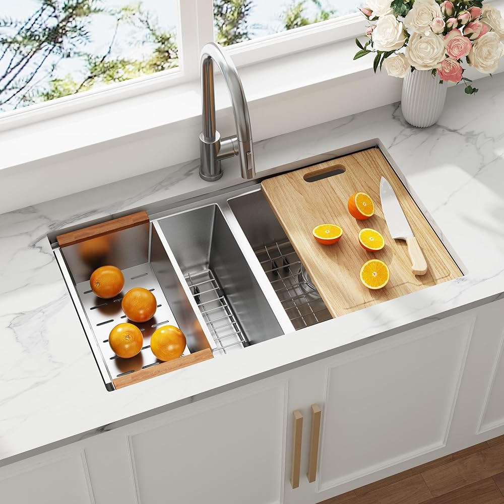 32 Inch Undermount 50/50 Double Bowl Kitchen Sink, Workstation 16 Guage Stainless Steel Undermount Double Deep Kitchen Sinks with Accessories