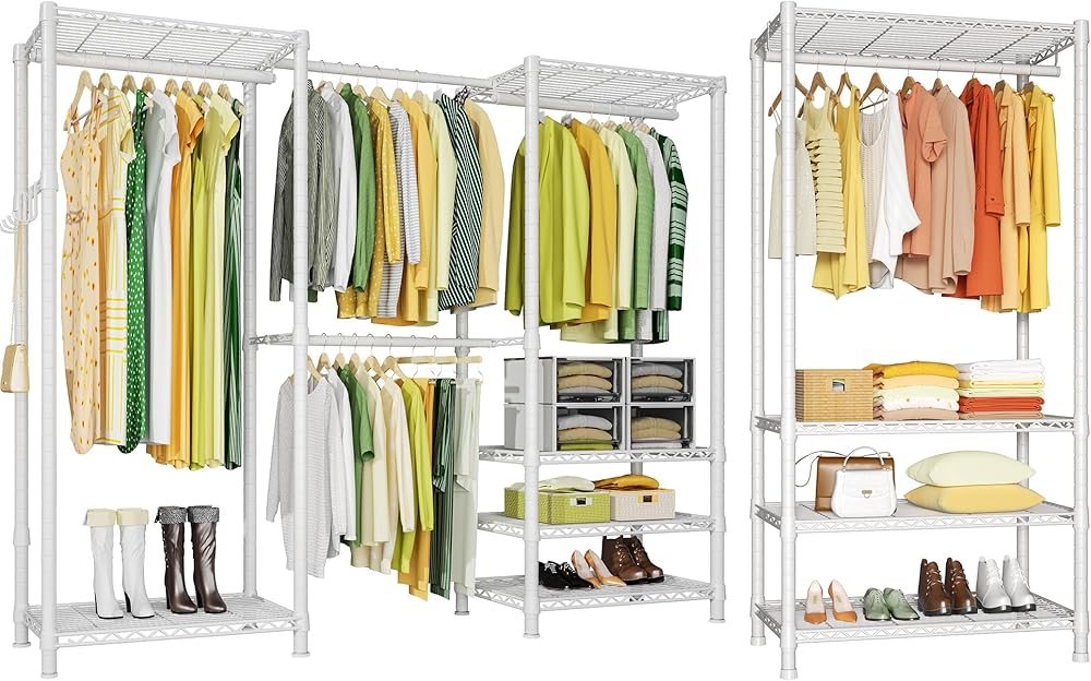 Ulif E1 and H2 White Garment Rack Bundle, Freestanding Heavy-Duty Clothes Storage System for Hanging Clothing, Metal Closet Wardrobe for Bedroom, Apartment, and Cloakroom