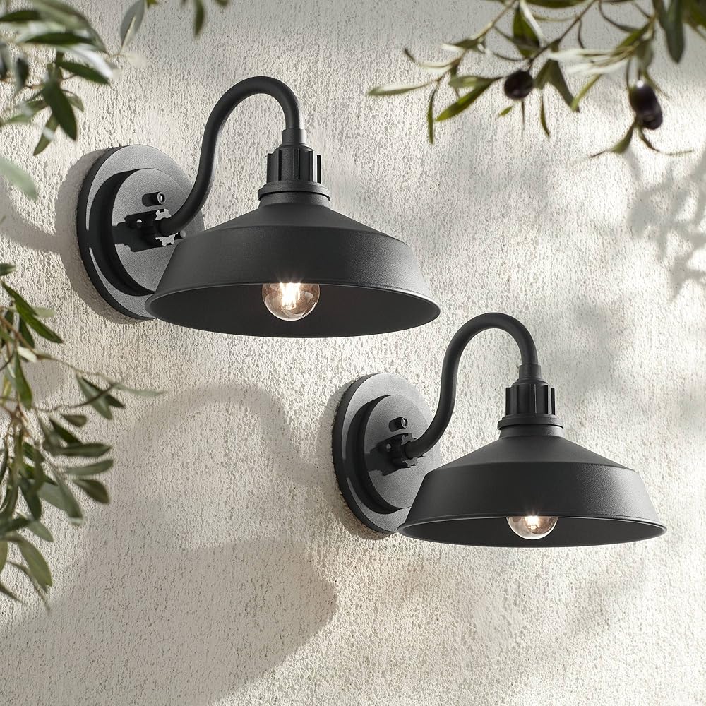 Arnett Rustic Industrial Farmhouse Outdoor Barn Light Fixtures Set of 2 Black Dusk to Dawn Gooseneck 10 1/2
