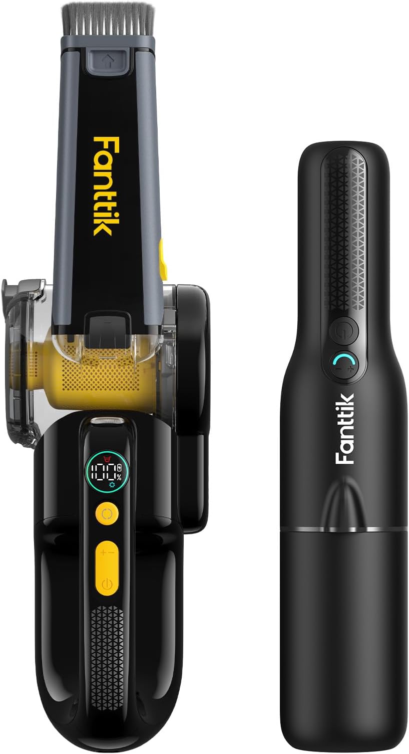 Fanttik 17000Pa Fold V10 Apex Pivot Car Vacuum (Deluxe with Flexible Hose&Pet Brush) and Slim V7 Ace Car Vacuum