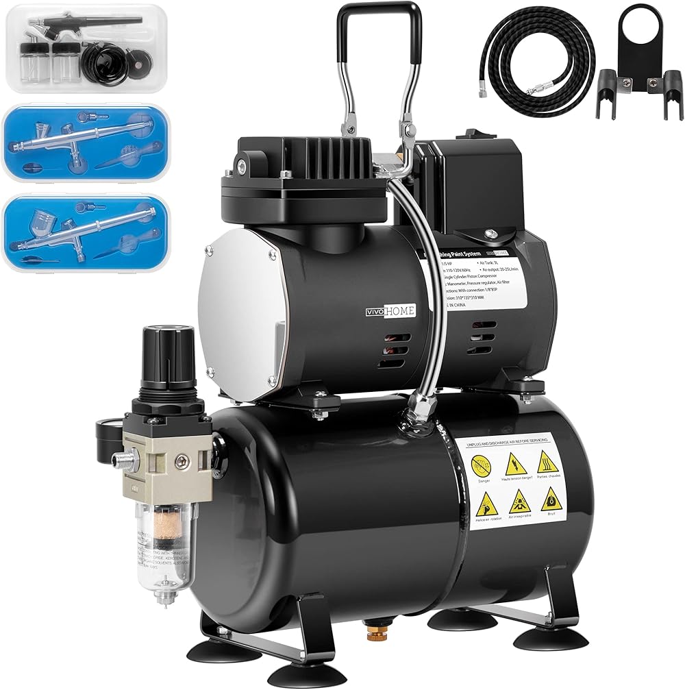 VIVOHOME Airbrush Kit with Professional Air Compressor with 3L Tank, Quiet Airbrushing Paint System with 3 Dual Action Air Brush Gun, Gravity and Siphon Feed, Holder, Cleaning Brush, 2 Cup