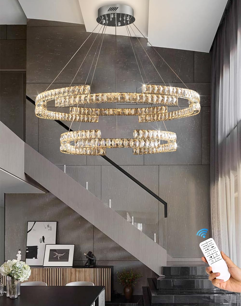 D32''+D20'' Modern 2 Ring Crystal Chandeliers for Living Room Crystal Pendant Light Crystal Chandeliers Foyer Entrance Chandeliers LED Dimmable 3000-6000K Fixtures