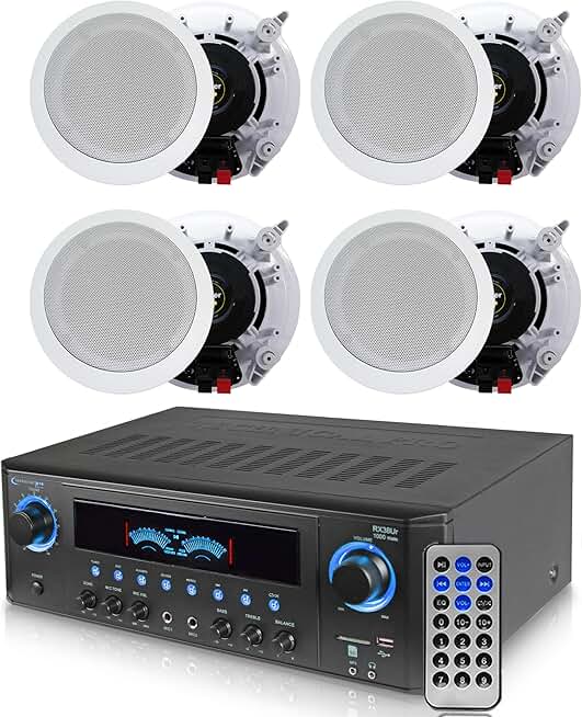 Home Theater System Kit 1000 Watts Professional Home Stereo Receiver with (Qty 4) 5.25” 175 Watts in-Wall in-Ceiling Speakers & Remote Control - Perfect for Home/Office/Bar by Technical Pro