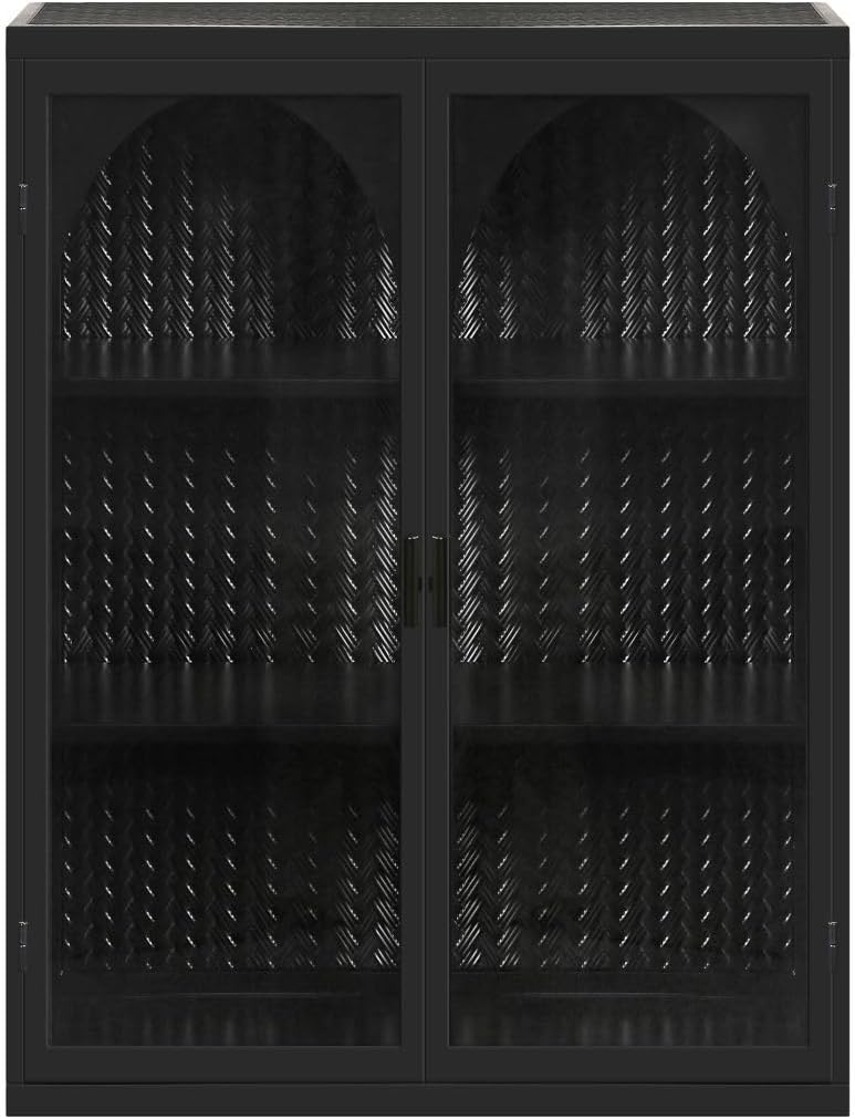 Tzou Wall Cabinet, Double Glass Door Storage Cabinet Retro Style Glass Cabinet for Office, Dining Room, Living Room, Kitchen Bathroom Black Style 2 One Size