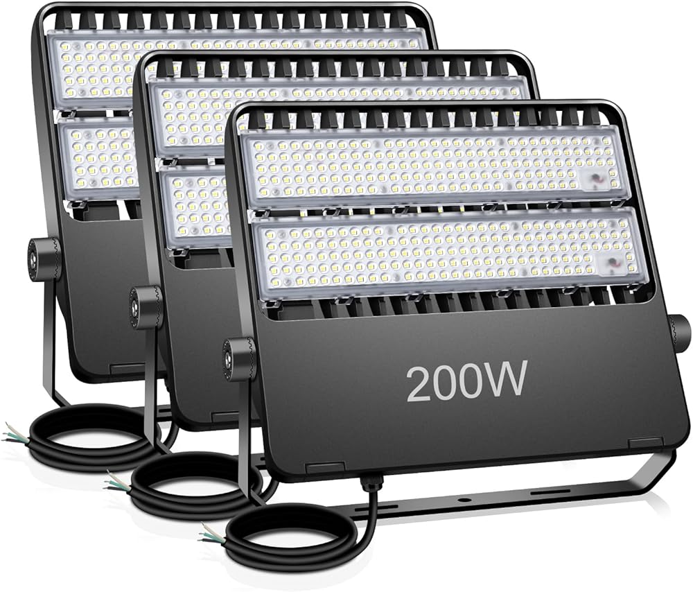 28000Lm LED Stadium Flood Light Outdoor Bright Commercial Street Area Wall Mount Parking lot 200W Floodlights 100-277V 5500K IP65 Waterproof Exterior Sport Court Gym Arena Lighting 3 Pack