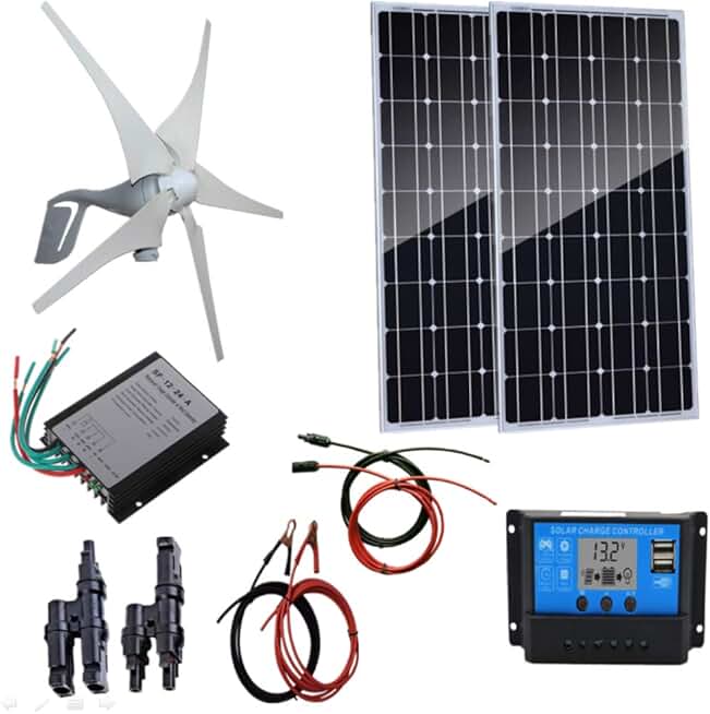 600 Watts Wind Solar Powered System(Hybrid System Kit): 2pcs 100W Monocrystalline Solar Panel & 400W Wind Turbine Generator + Solar Charger+Wind Controller+Accessories