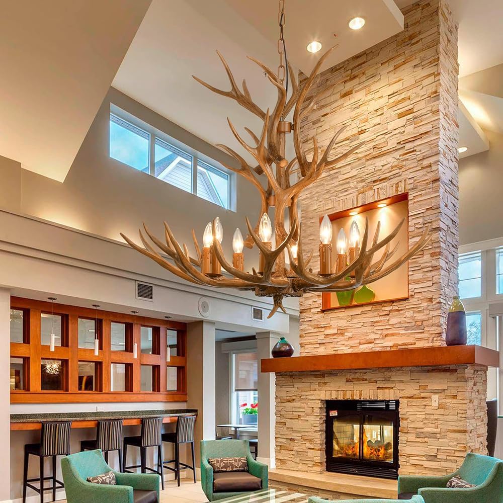 Deer Antler Chandelier Lighting, 8 Lights Resin Deer Horn Chandelier with 14 Antlers, Farmhouse Antler Light Fixtures for Dining Room, Foyer,Kitchen, Bar (8 Lights)