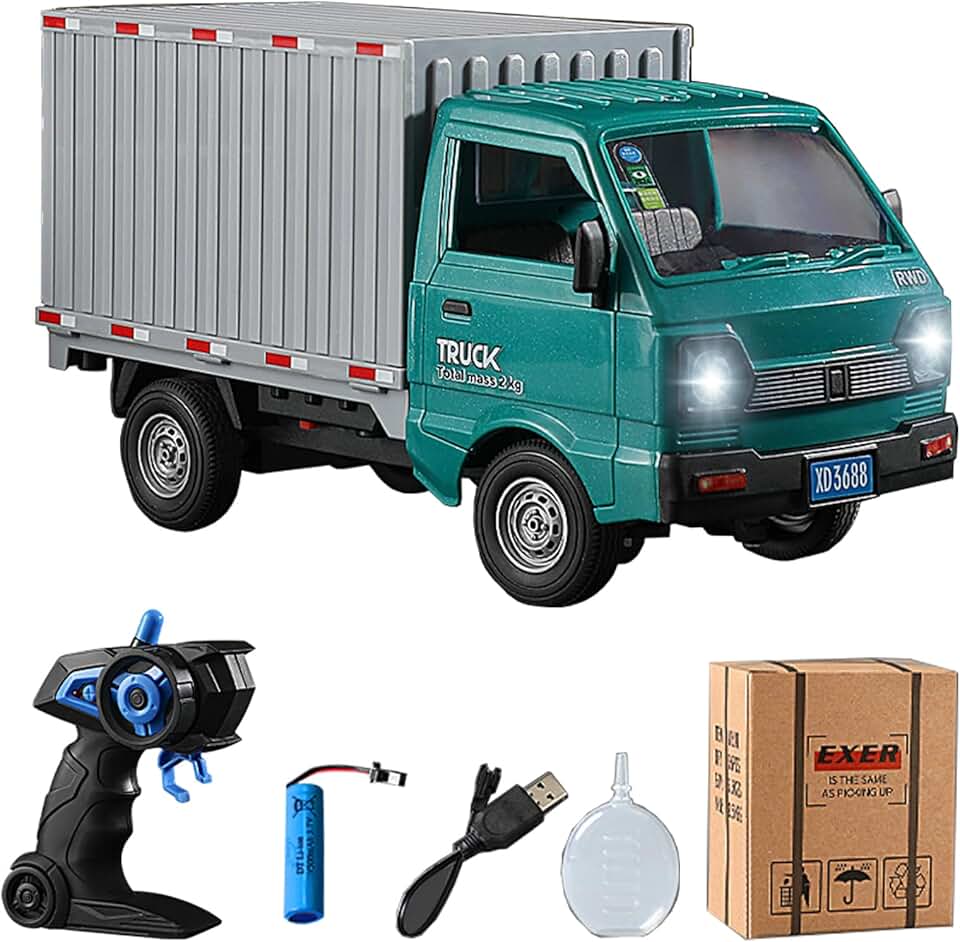 GoolRC Remote Control Truck for Boys, 2.4GHz 1:16 Remote Controlled Transport Car with LED Light & Spray Function, Rear Compartment Transport Goods, Toy Trucks for 6 7 8-14 Years Kids Gifts