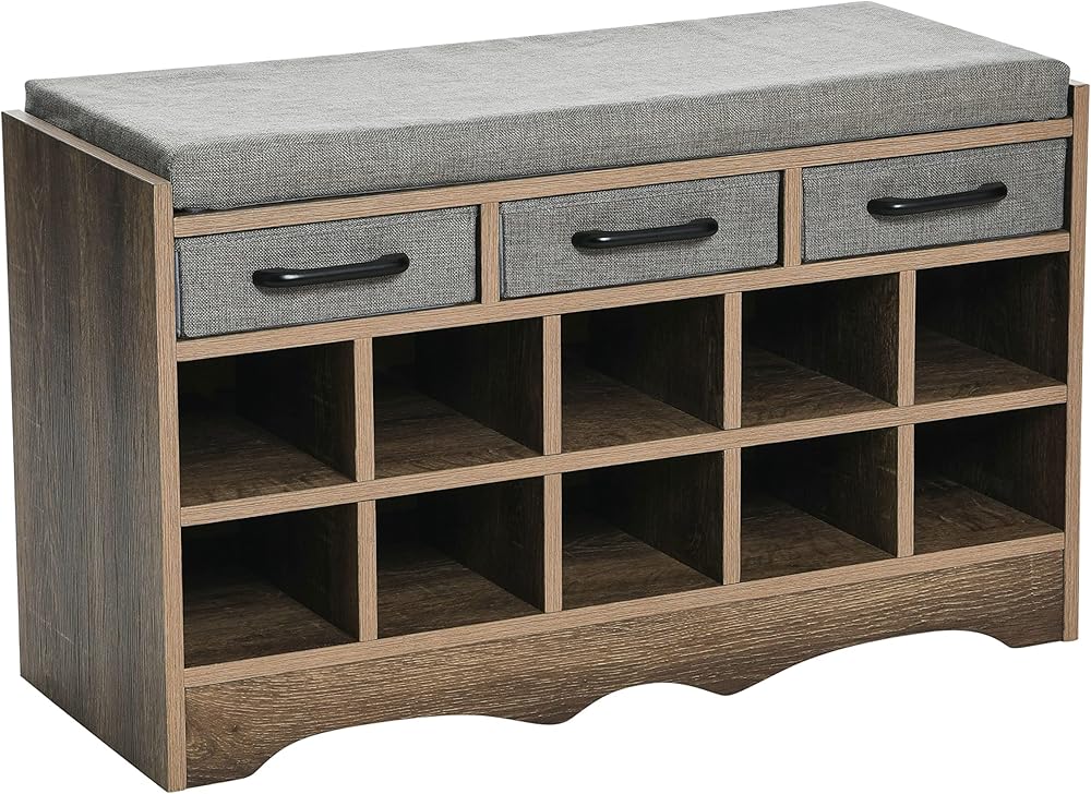 Household Essentials Shoe 10 Cubbies, Cushioned Seat and Storage Drawers, Ashwood Finish Entryway Bench, 19.75x32x12.75 Inches