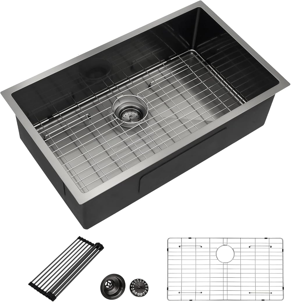 Dcolora 33 Inch Matte Black Kitchen Sink Undermount Gunmetal Stainless Steel Sinks Dark Gray NANO-PVD Single Bowl Basin, Round Corner 33