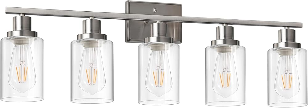 Ascher 5 Light Bathroom Vanity Light, Modern Over Mirror Light Fixtures with Clear Glass Shade, E26 Base Brushed Nickel Wall Sconces Light for Hallway Restroom