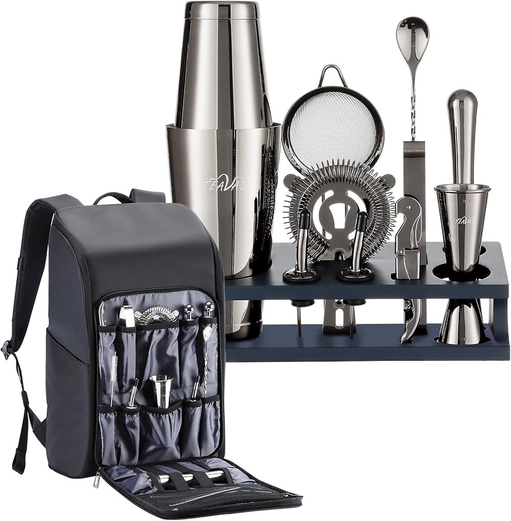 Mixology Bartender Kit & Bartender Kit Bag - 13-Piece Stainless Steel Bartending Kit with Boston Shaker, Strainer, Jigger, Ergonomic Bartender Bag - Ideal for Home, Travel, Outdoor Bartending