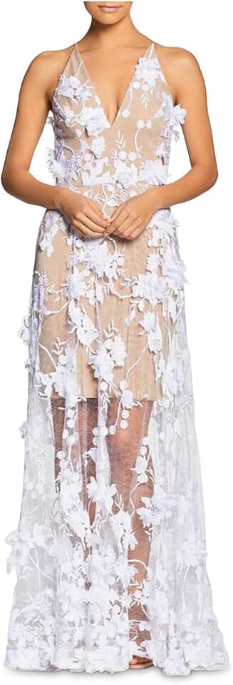 Dress the Population Women's Embellished Plunging Gown Sleeveless Floral Long Dress