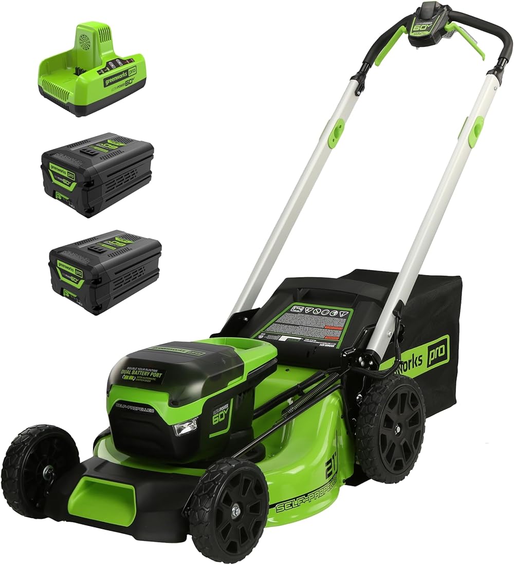 Greenworks 60V 21” Cordless (Self-Propelled) Lawn Mower (LED Lights + Aluminum Handles), 2 x 4.0Ah Batteries and Dual Port Rapid Charger
