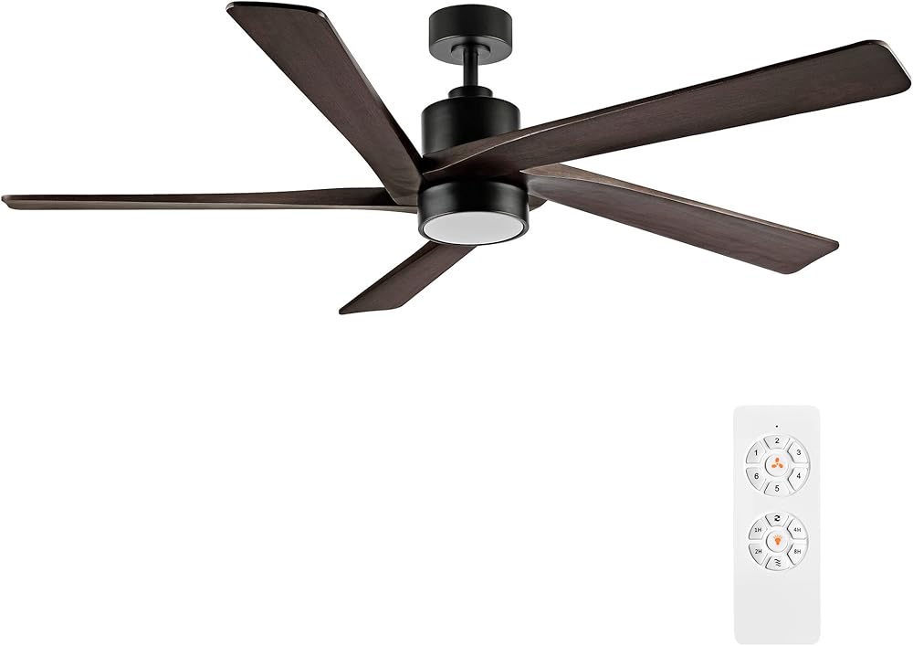 WINGBO 54 Inch DC Ceiling Fan with Lights and Remote Control, 5 Reversible Carved Wood Blades, 6-Speed Noiseless DC Motor, Modern Ceiling Fan in Matte Black Finish with Walnut Blades, ETL Listed