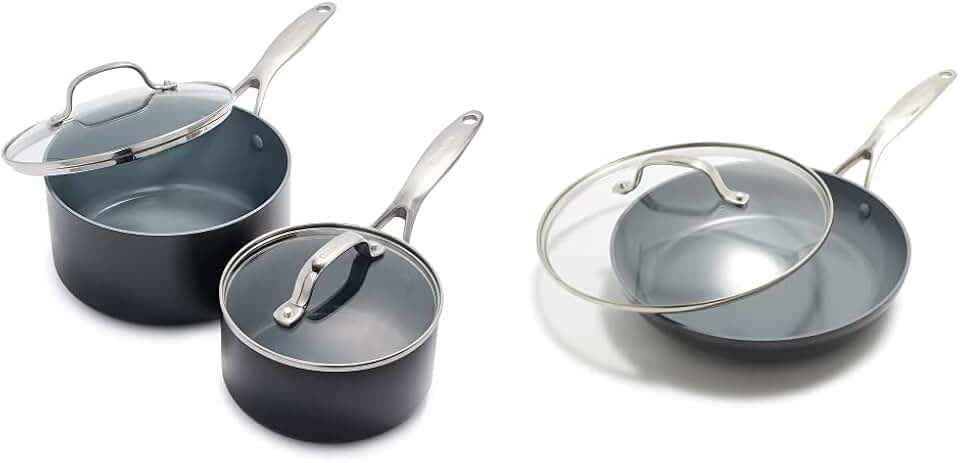 GreenPan Valencia Pro Hard Anodized Healthy Ceramic Nonstick 2QT and 3QT Saucepan Pot Set, Gray & Valencia Pro Hard Anodized Healthy Ceramic Nonstick 10