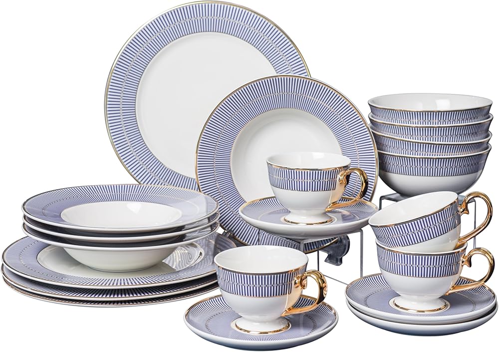 Luxurious 20-piece, service for 4, blue accent 24k gold trimmed ivory porcelain dinnerware set – Prestige collection, Large