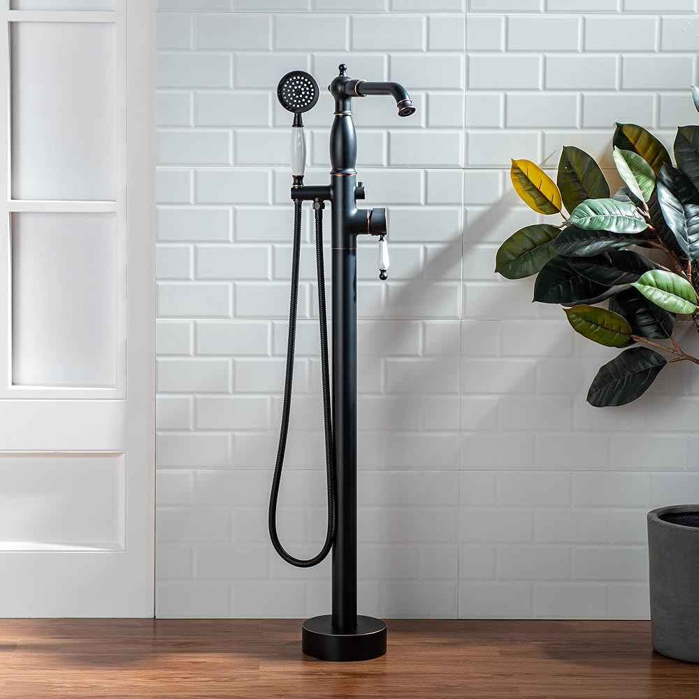 WOODBRIDGE Contemporary Single Handle Floor Mount Freestanding Tub Filler Faucet with Hand Shower in Oil Rubbed Bronze Finish