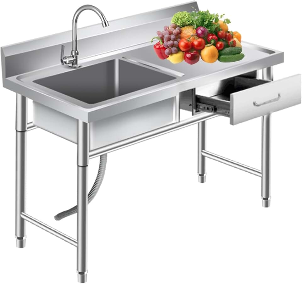 Outdoor Utility Sink with Drawer, Free Standing Utility Sink W/Cold and Hot Water Pipe Faucet, Single Bowl Stainless Steel Sink, for Garage, Restaurant, Kitchen, Laundry Room ( Size : 120*50*80cm , Co