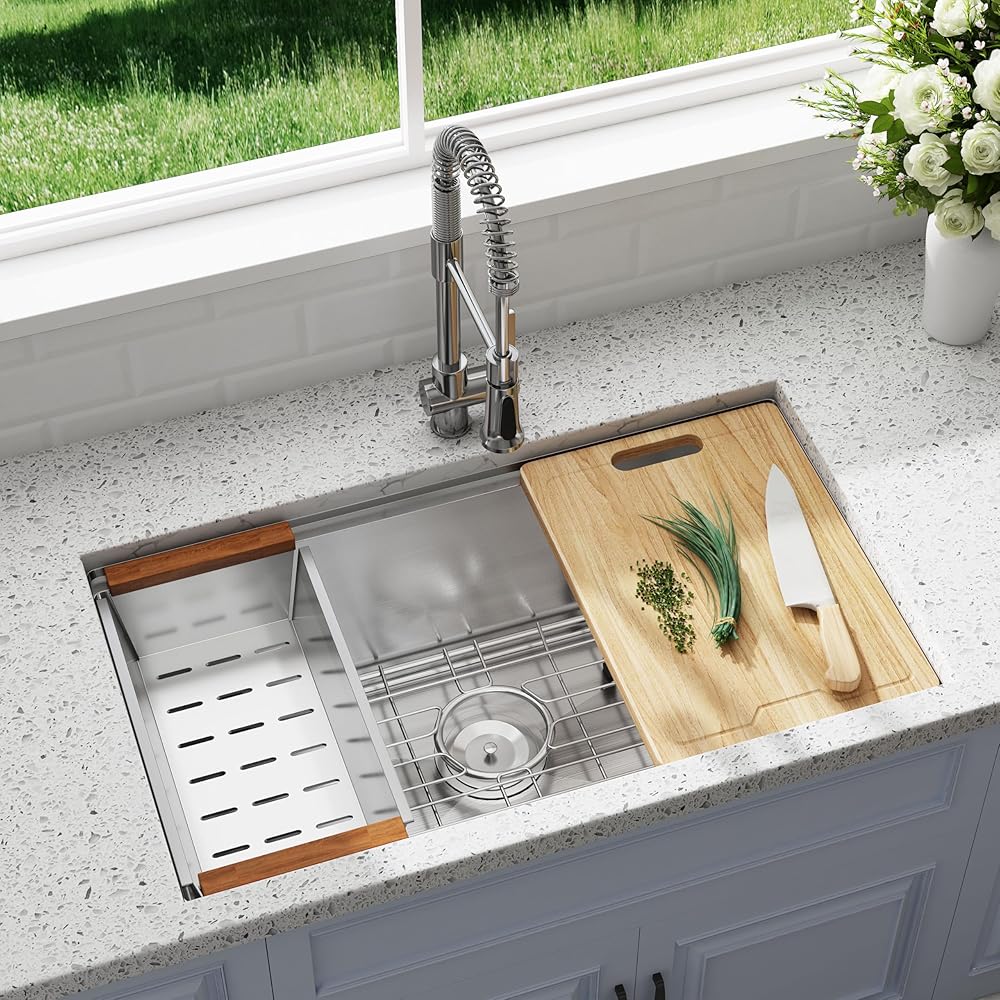 27 Inch Stainless Steel Kitchen Sink, JoviPrime Undermont Workstation 16 Gauge Kitchen Sink, Handmade Sink with Ledge and Accessories, Strainer is Included