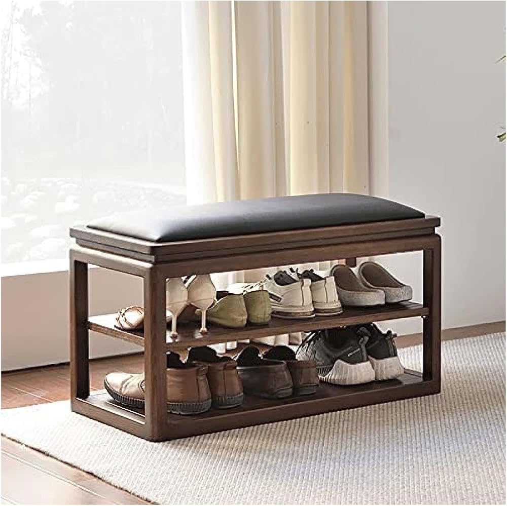 Shoe Storage Bench Entryway Hallway Furniture, Storage Shoe Stool, Solid Wood Bench Shoe Rack, Living Room Entrance Bench Seat with 2 Tier Shoe Stool(D(Cotton+Linen),80x45x35cm)