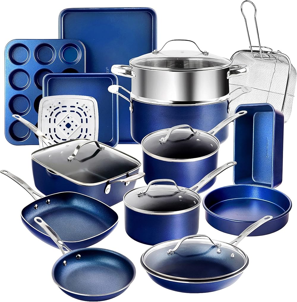 GRANITESTONE 20 Pc Kitchen Pots and Pans Set Non Stick Cookware Set, Kitchen Cookware Sets, Granite Nonstick Cookware Set, Diamond Coated Non Toxic Cookware Set, Oven & Dishwasher Safe - Blue…