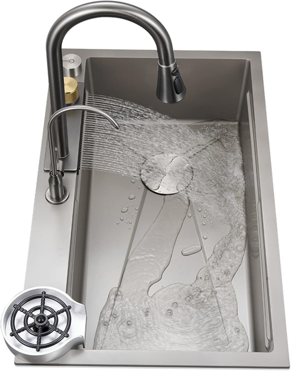 Gun Grey Nano Kitchen Waterfall Sink 304 Stainless Steel Single Bowl Bar Sink Multi-Function RV Sink with Faucet and Cup Washer Drop in Or Under Mount (Color : Gun Grey, Size : 68x46x22cm)
