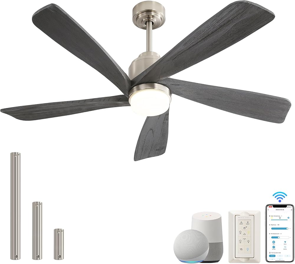 Sofucor 52 inch Ceiling Fan with Lights Remote Control, Modern Smart Ceiling Fan Compatible with Alexa Google APP, Indoor Outdoor Ceiling Fan with 3 Downrods for Bedroom Living Room Patio, Gray