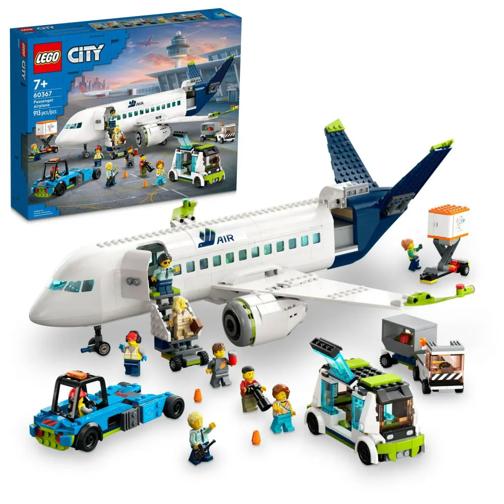 LEGO City Passenger Airplane 60367 Building Toy Set; Fun Airplane STEM Toy for Kids with a Large Airplane, Passenger Bus, Luggage truck, Container Loader, and 9A Minifigures