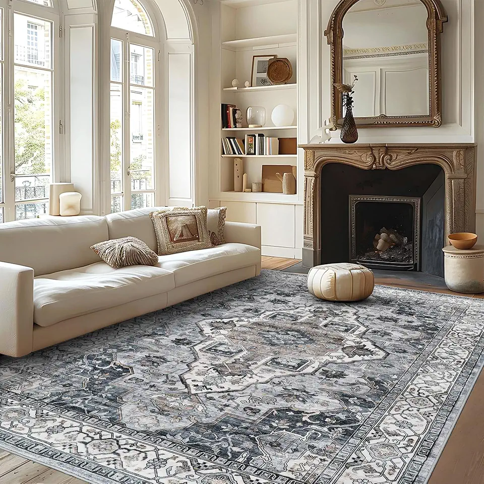 9x12 Area Rugs Washable Boho Rug, Non Slip Carpet for Living Room, Boho Vintage Design Rug, Foldable Soft Low-Pile Rug, Blue/Multi