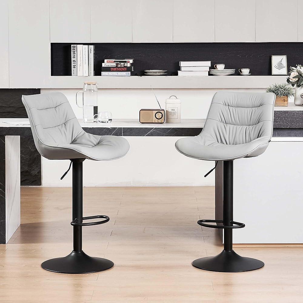 Kidol & Shellder Counter Height Bar Stools Set of 2 for Kitchen Island Swivel Barstools Adjustable Bar Stool Modern Counter Stools Upholstered Bar Chairs PU Leather Bar Height Stools with Back(Gray)