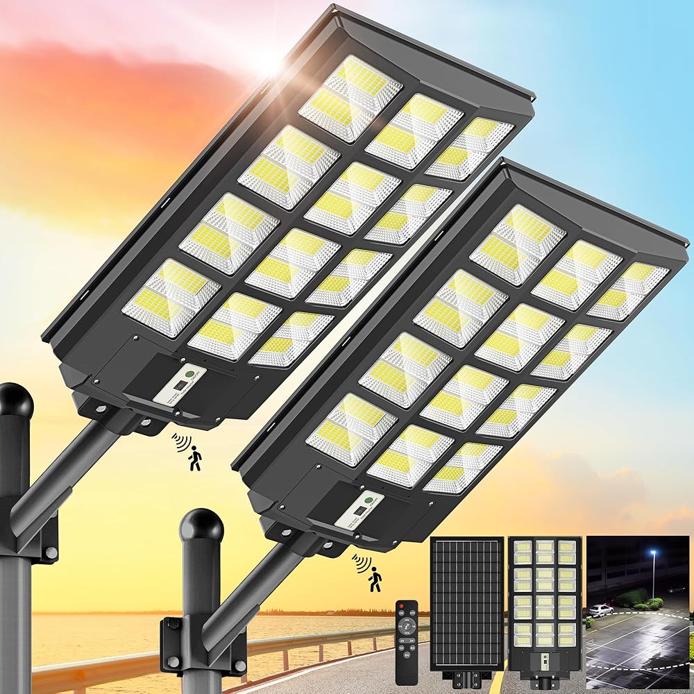 3200W Solar Street Lights Outdoor Waterproof 7000K Solar Parking Lot Lights Commercial Dusk to Dawn, LED Street Lights Solar Powered Motion Sensor with Remote Control for Yard, Piazza(2 Pack)