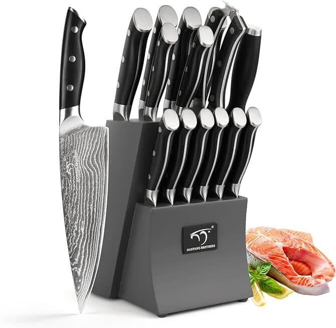 Damascus Kitchen Knife Set, 15-Piece Kitchen Knife Set with Block, ABS Ergonomic Handle for Chef Knife Set and Serrated Steak Knives Knife Sharpener and Kitchen Shears, 14 Slots Wooden Knife Block