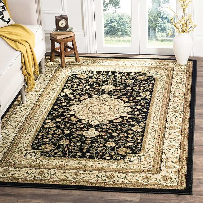 SAFAVIEH Lyndhurst Collection 8' Square Black/Ivory LNH213A Traditional Oriental Non-Shedding Living Room Bedroom Dining Home Office Area Rug