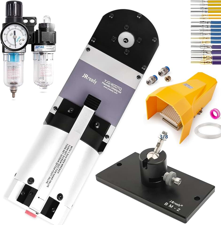 JRready YJQ-W2DTQ Pneumatic Crimping Tools,Deutsch DT, DTM, DTP Series Crimp Tool,Pneumatic Foot Valve,Air Filter Regulator,Adjustable Bench Mount,eutsch Solid Contact Size 12 16 20,Wire 12-22AWG