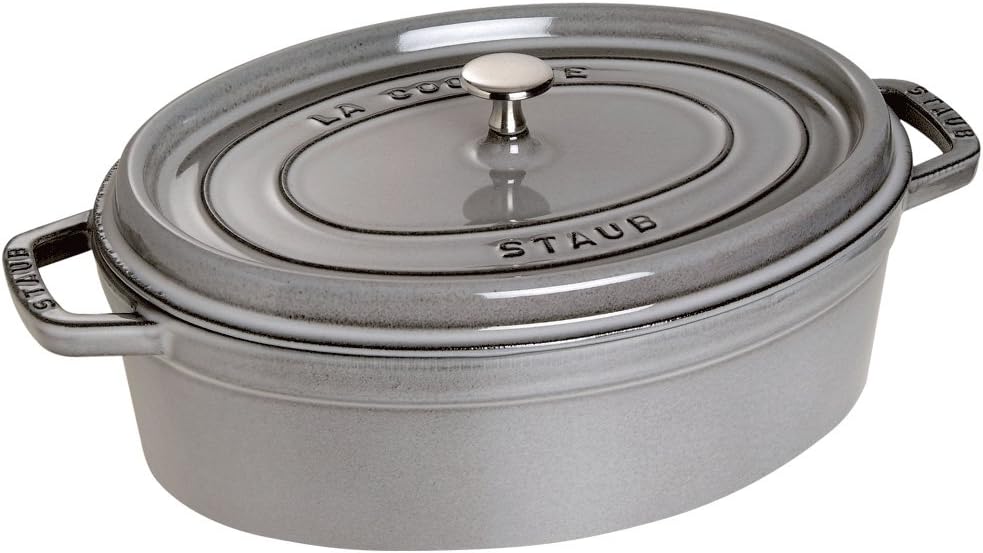 Staub Graphite Grey Enameled Cast Iron Wide Oval Oven with Lid, 4 Quart