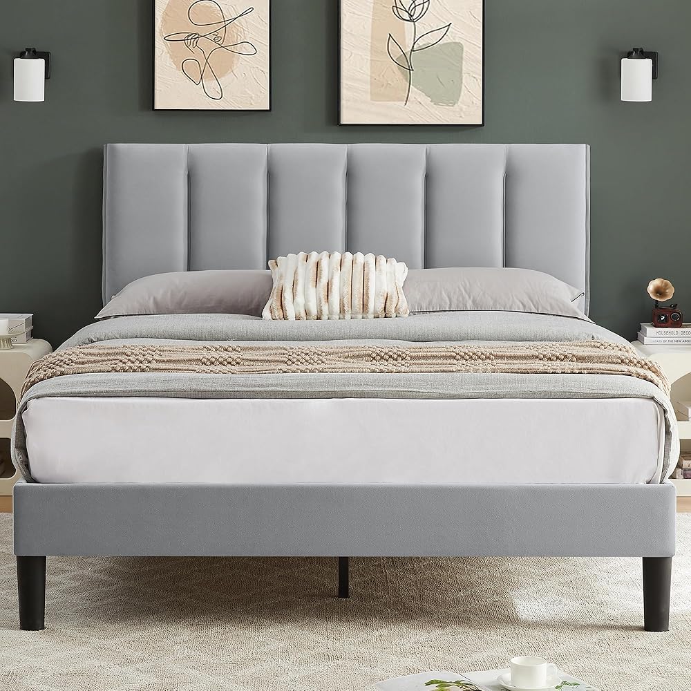 VECELO Bed Frames with Upholstered Headboard, Platform Mattress Foundation with Strong Wooden Slats Support, No Boxing Spring Needed, Easy Assembly, Queen, Light Grey